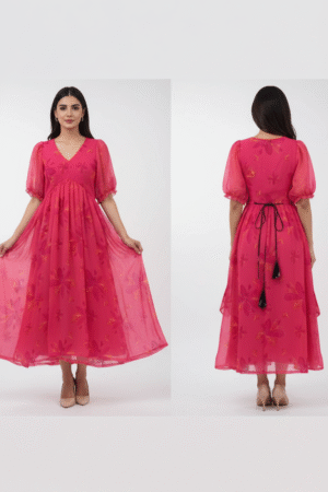 Classic Elegance: Designer Printed Grey Georgette Maxi Dress for Women & Girls