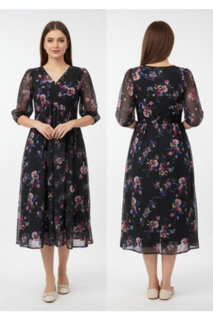 Charming Elegance: Floral Printed Mandarin Collar Puff Sleeves Georgette Fit & Flare Midi Dress