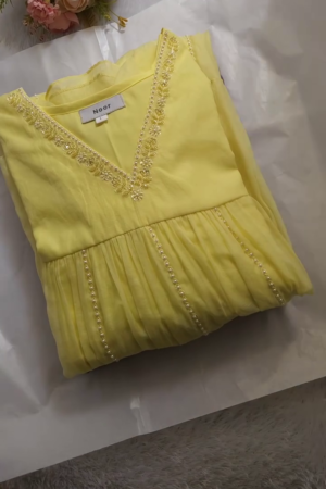 Yellow Embroidered V-Neck A-Line Angrakha Pure Cotton Kurti With Sharara & Dupatta