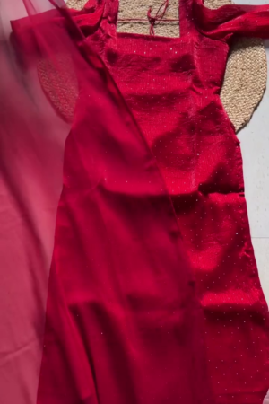 Embroidered Shoulder Straps Straight Kurta With Trousers & Dupatta