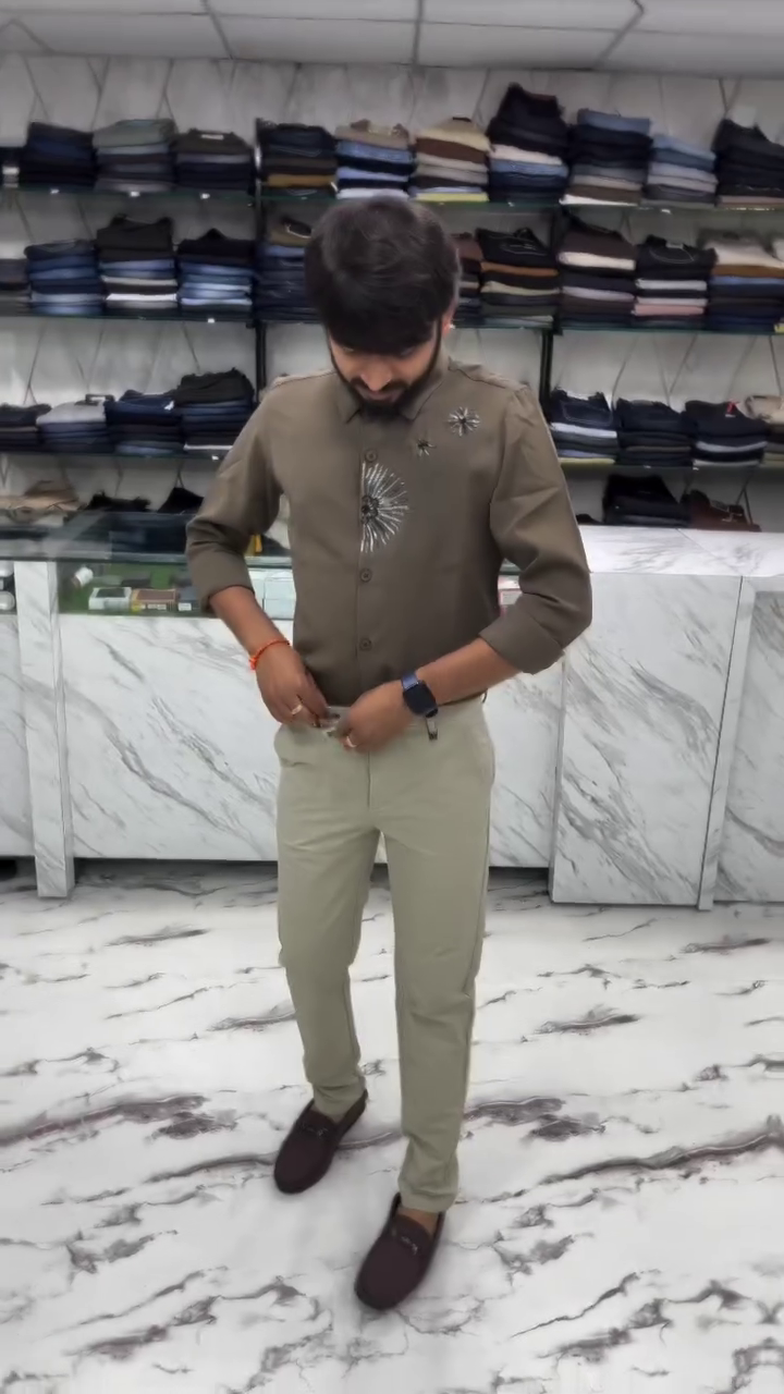 Osmond Leaf Design Embellished Shirt Olive