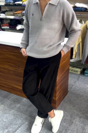 Men Blue Mesh-Knit Cotton Quarter-Zip Sweater