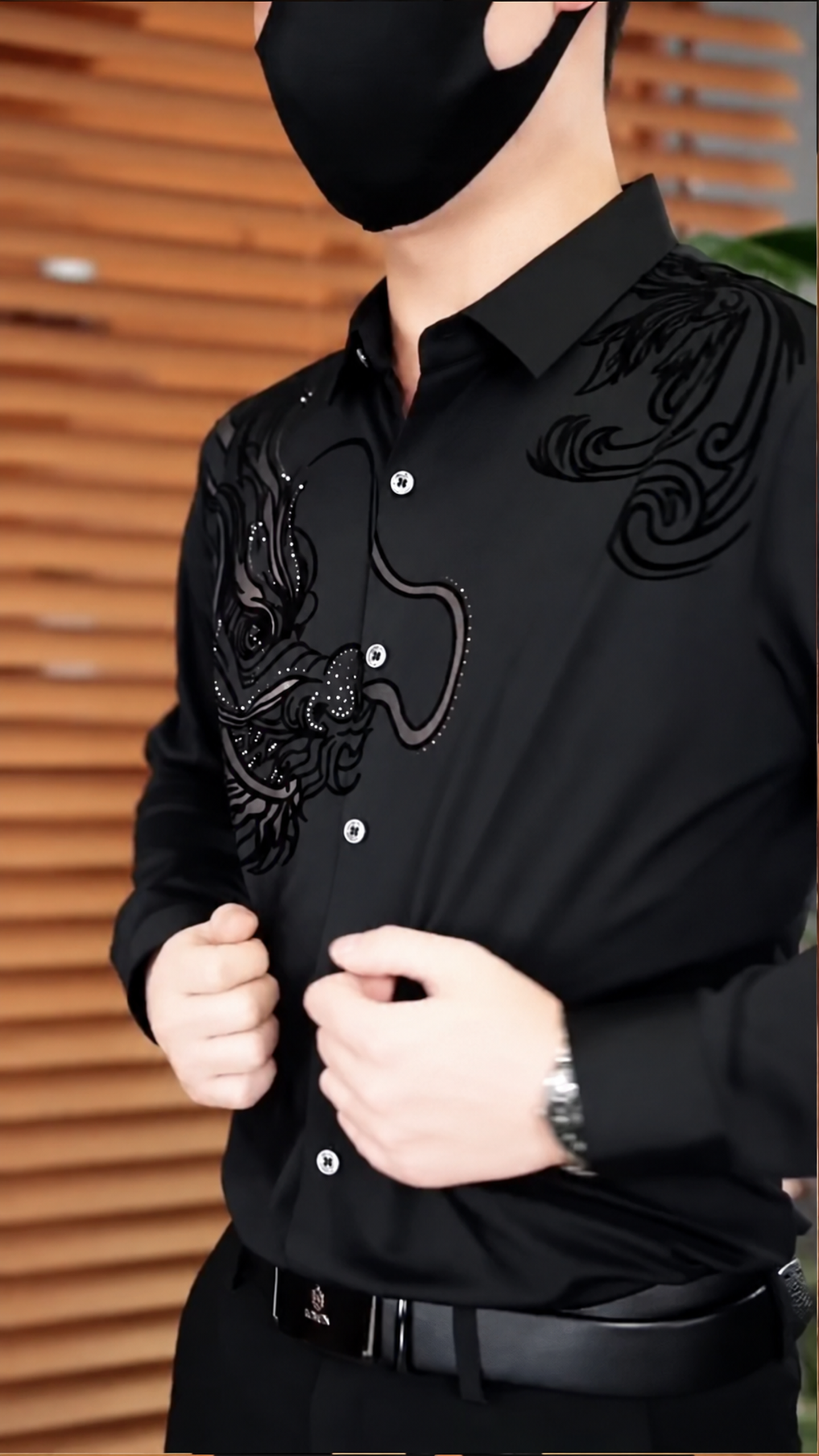 Black Serpentine Dragon Handwork Designer Shirt - Image 2
