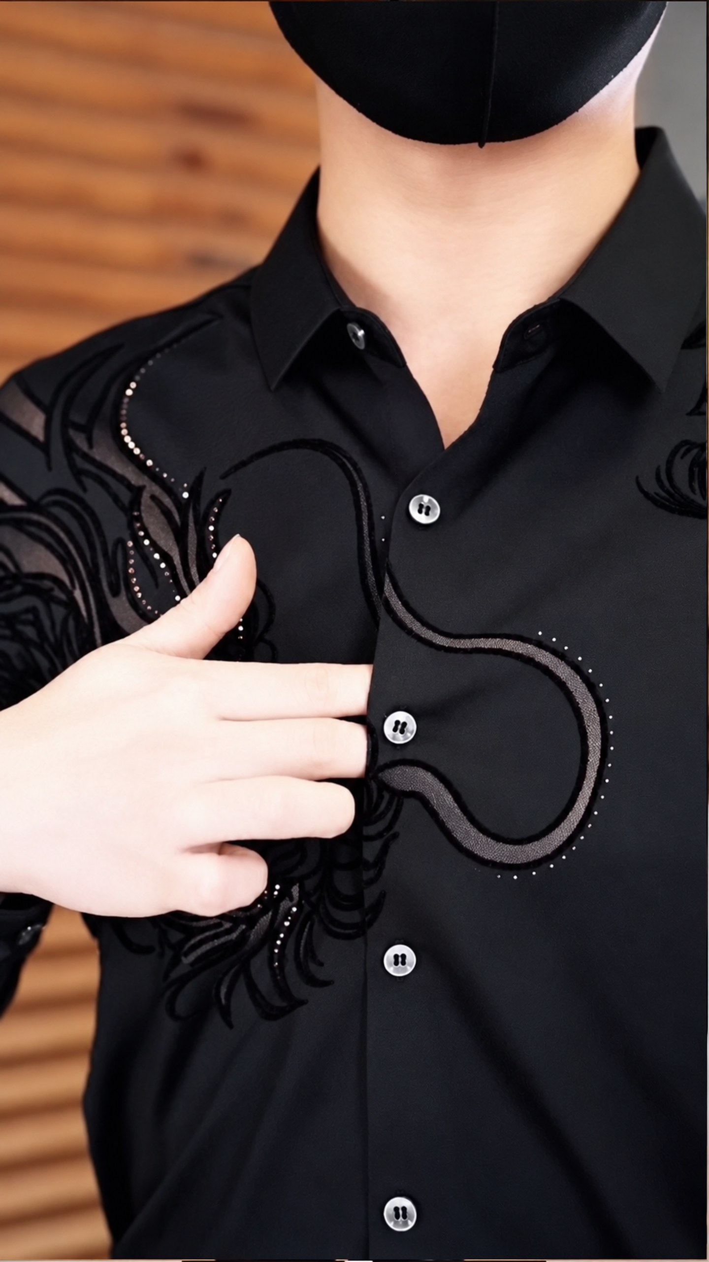 Black Serpentine Dragon Handwork Designer Shirt - Image 4